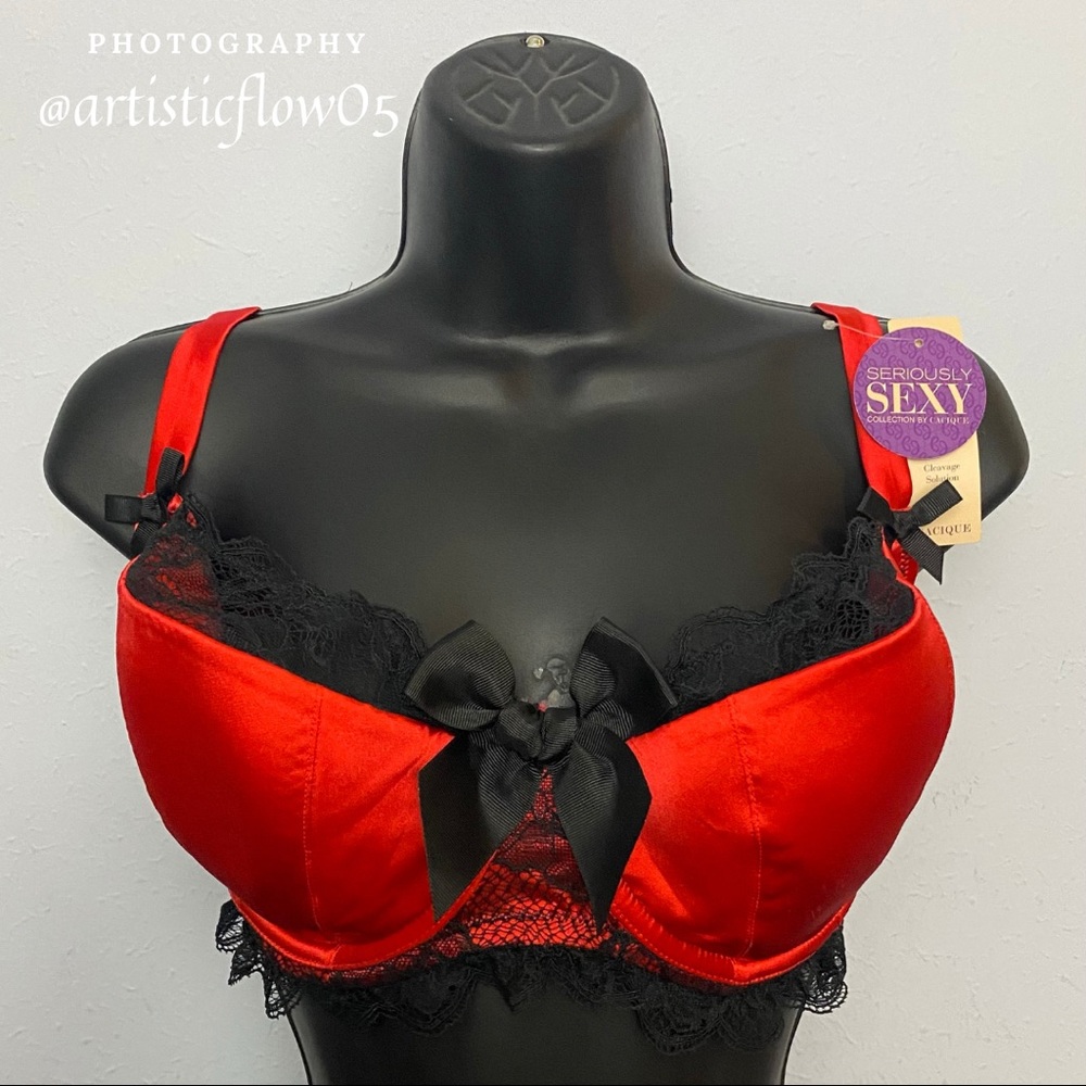 NEW! Cacique Sexy Red Satin Black Lace Demi Bra